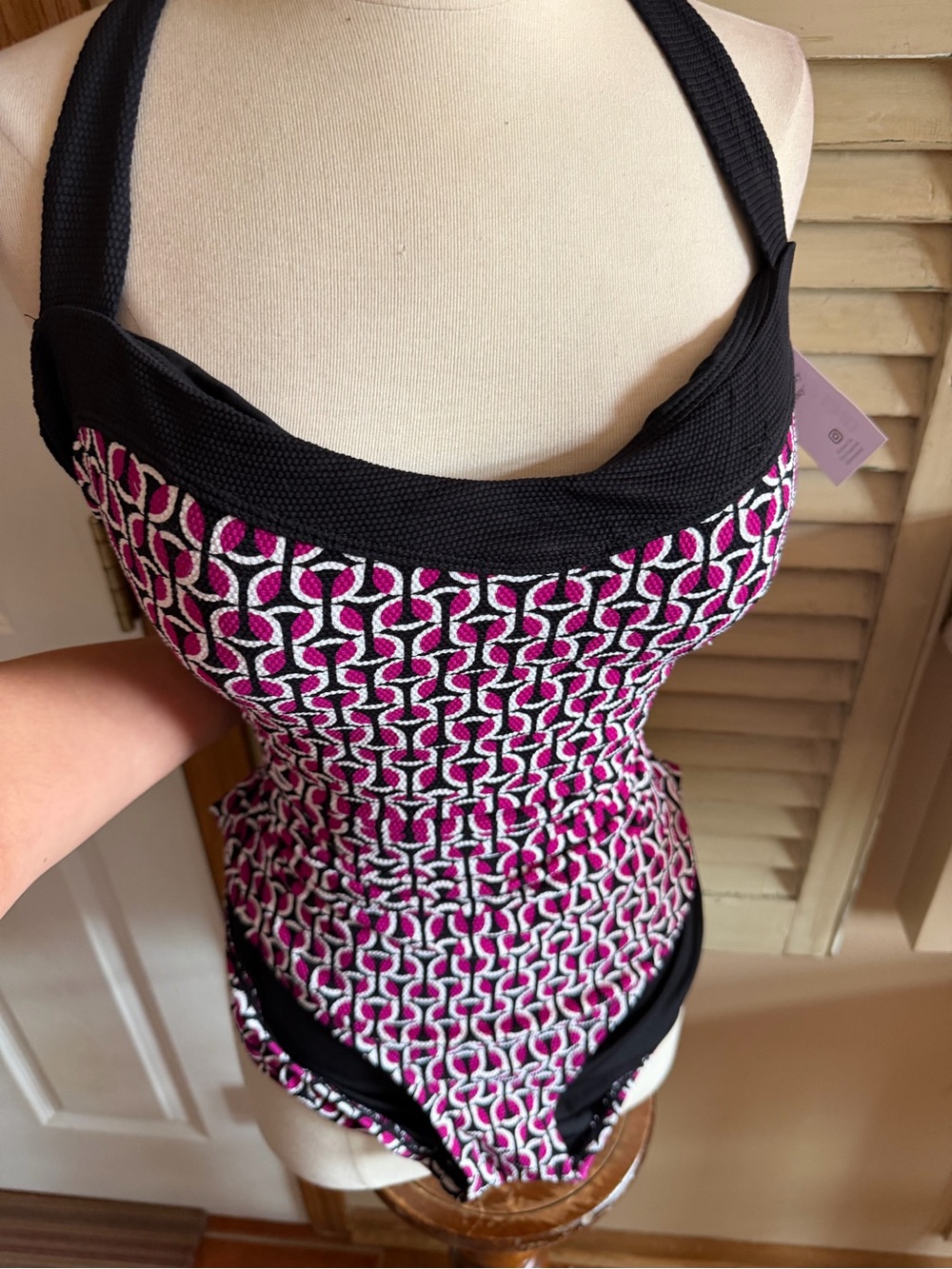 Lands' End Black and Pink Geometric One-Piece Swimsuit
